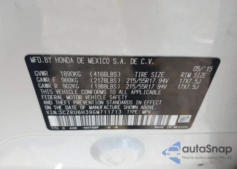 2016 Honda Hr-V Lx из США, поврежденный, VIN 3CZRU6H39GM711713